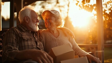 An elderly couple shares a joyful moment on their porch, capturing the essence of love and companionship as they enjoy a beautiful sunset together in happiness.