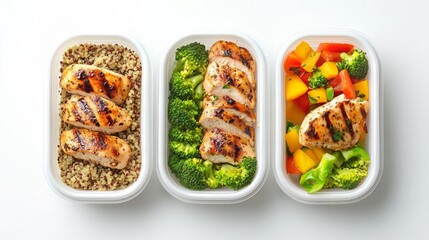 Grilled Chicken Meal Prep with Broccoli and Quinoa in Containers on White Background
