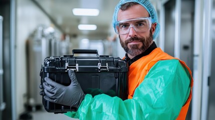 A focused man in protective clothing and gear confidently holds a case in a sterile environment, representing dedication to safety and precision in his professional field.