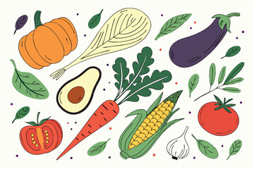 Hand drawn colorful vegetables and salad. Modern abstract minimal style. Healthy organic food. Tomatoes, onion, zucchini, eggplant, leek, potatoes, corn, peppers, beet. Vector flat illustration. 