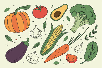 Hand drawn colorful vegetables and salad. Modern abstract minimal style. Healthy organic food. Tomatoes, onion, zucchini, eggplant, leek, potatoes, corn, peppers, beet. Vector flat illustration. 