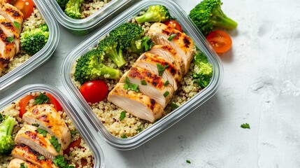 Grilled Chicken Meal Prep with Broccoli and Quinoa in Containers on White Background
