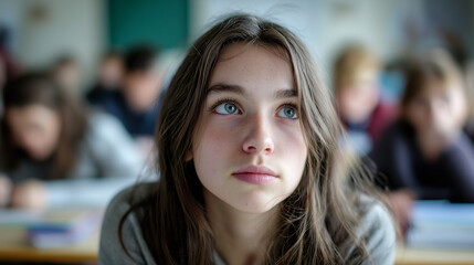 Teenage girl sitting in a classroom, looking at the camera with thoughtful expression.
