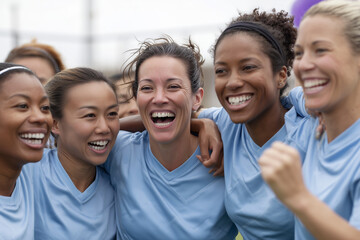 Female soccer team in blue uniform celebrating