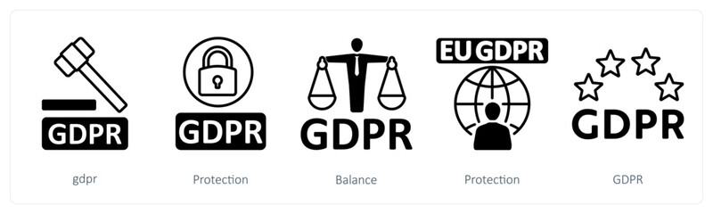 A set of 5 mix icons as gdpr, protection, balance