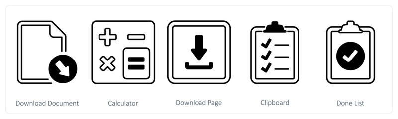 A set of 5 mix icons as download document, calculator, download page