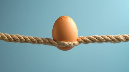 Suspended Half Boiled Egg on Rope with Blue Backdrop 