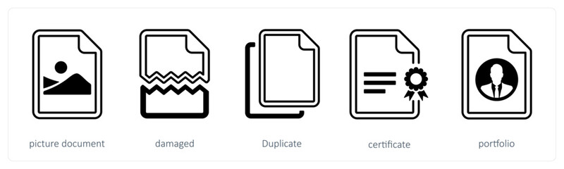 A set of 5 mix icons as picture document, damaged, duplicate