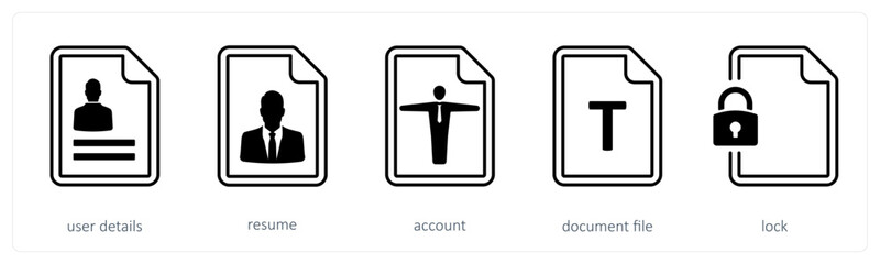 A set of 5 mix icons as user details, resume, account
