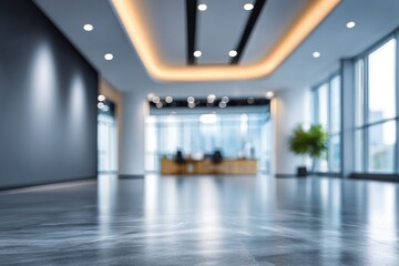 Blurred interior view marble floor plant gray wall  glass windows with a bright curved ceiling light fixture above
