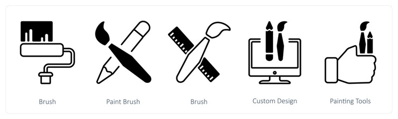 A set of 5 mix icons as brush, paint brush, brush
