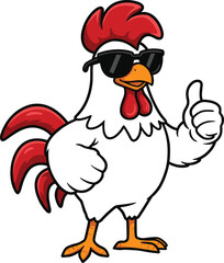 Cool cartoon chicken character with sunglasses giving thumbs up, funny farm animal mascot, confident rooster pose, white background, vector illustration for branding, design