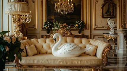 Swan Statue in a Room Decorated with Gold Accents