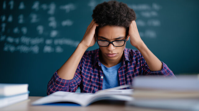 Frustrated student studying with books in a classroom with math formulas on blackboard.
 - Powered by Adobe