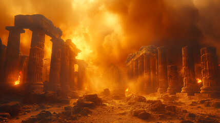 Apocalyptic Temple Inferno. Ancient ruins engulfed in fiery smoke and flames under a dramatic sky. Ideal for cinematic backgrounds, fantasy narratives, or historical disaster concepts.

