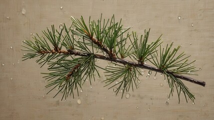 Emerald needles dance in a delicate shower, a fragrant bough jeweled with raindrops on a winter afternoon