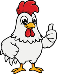 Cute cartoon chicken giving thumbs up, poultry mascot illustration, white hen with red comb, farm animal clipart, positive gesture farm bird character drawing