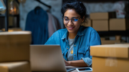 Smiling female small business owner working with a laptop among cardboard boxes in a home office.
