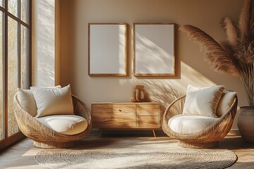 Living room mockup with wicker chairs and pampas grass decor

