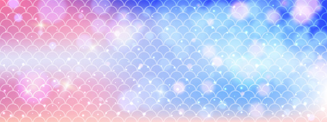 Seamless holographic mermaid background with blue red tones. Repeated scale pattern forms fish tail effect. Pink vector backdrop with marine theme.