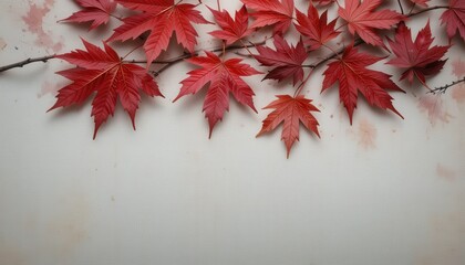 Crimson embrace falling from autumnal branch, a vibrant canvas of Japanese maple leaves grace a pale textured backdrop