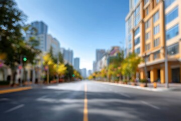 Fototapeta premium Blurred urban view city street with a central yellow line and buildings lining both sides