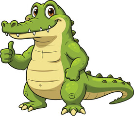 Cute cartoon crocodile character giving thumbs up, green reptile mascot with smile, fun alligator drawing, children animal illustration, vector art, isolated design