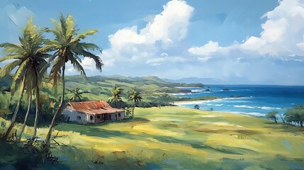 Tropical Coastal House Painting: A Serene Island Escape