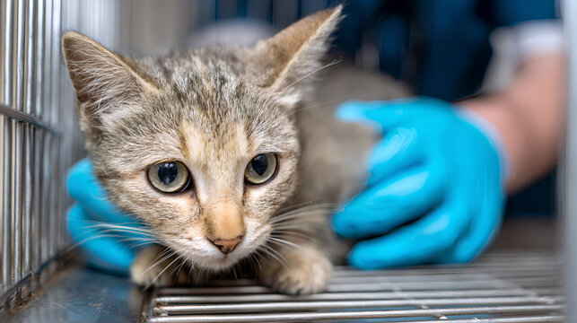 Free Stray Cat Sterilization Day, a stray cat is released from its cage after a sterilization procedure. A veterinarian is checking the cat's health. AI generated images.