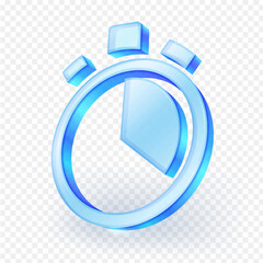 3D transparent blue glass stopwatch icon, symbolizing time, speed, precision, and efficiency. For technology, business, and fitness designs. Isolated on  transparent background. Vector illustration.