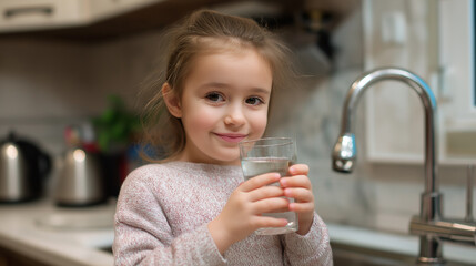 Little girl drinking a glass of water in the kitchen by the sink.
