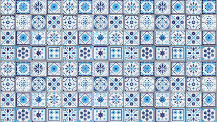 Seamless pattern of blue and white ceramic tiles with floral and geometric designs in square format