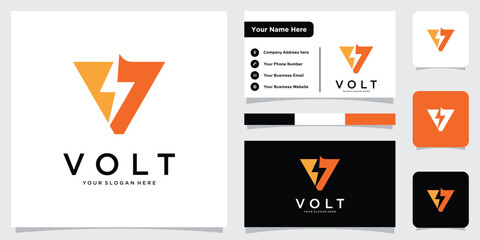 Letter V logo with thunderbolt in negative space with business card design