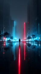 Silhouette figure in neon lit city
