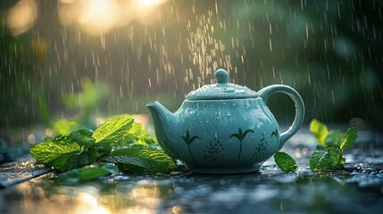 Teapot in Rain with Fresh Mint Leaves Nearby 