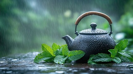 Teapot in Rain with Fresh Mint Leaves Nearby 