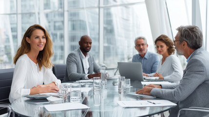 Fototapeta premium A group of managers sit in a modern glass meeting room and chat.business meeting