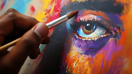 Talented artist painting dramatic portrait under warm light

