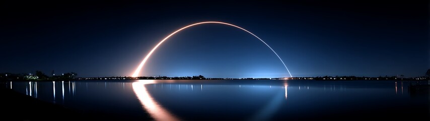 Rocket launch over water at night