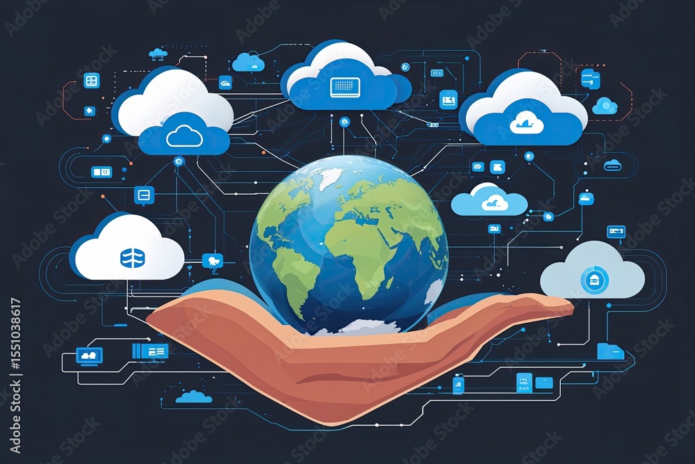 Poster illustration of the cloud ecosystem featuring a globe and cloud computing icons for global connectiv