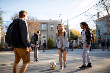 A group of students playing with a soccer ball in a schoolyard, soft afternoon light, 