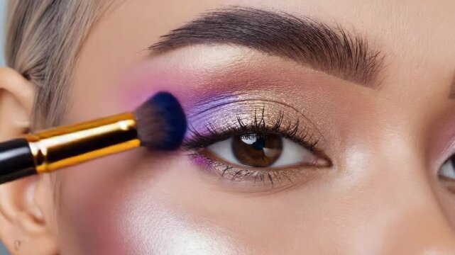 closeup Young woman applying makeup with eyeshadow brush on eyes