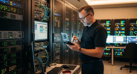 Server Room Technician Diagnosing Network Issues with a Portable Tester, Ensuring Optimal Performance and Security in a Modern Data Center Environment
