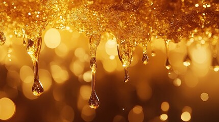 Thick Honey Dripping Down in Golden Hue, Macro Shot 