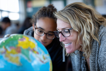 A teacher and student looking at a globe together in a sunlit classroom, shallow depth, 