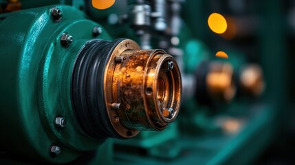 A detailed close-up of industrial machinery showcasing its metallic components, emphasizing the intricacies of engineering and the beauty of functional design.