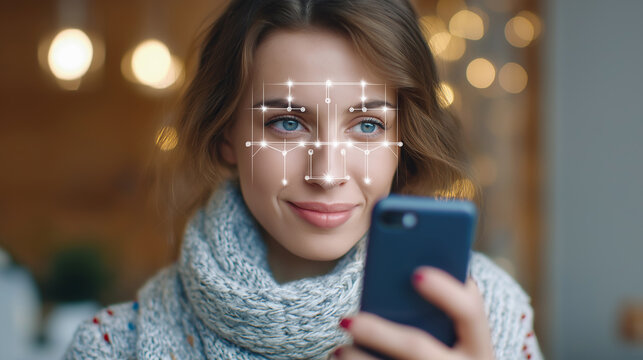 Young woman using facial recognition on smartphone for secure authentication.
- Powered by Adobe