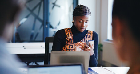 Coworking, laptop and phone with business woman in office for administration, report or research. Computer, development and text message with employee reading information or knowledge in workplace