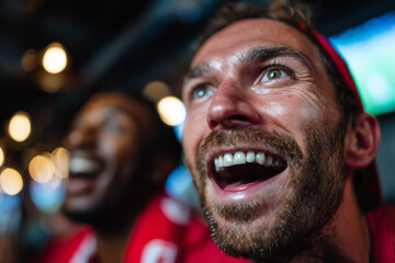 Close up, Cheerful fans having fun while screaming and celebrating the success of their sports team while watching a game on TV in a bar
