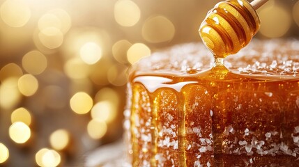 Thick Honey Dripping Down in Golden Hue, Macro Shot